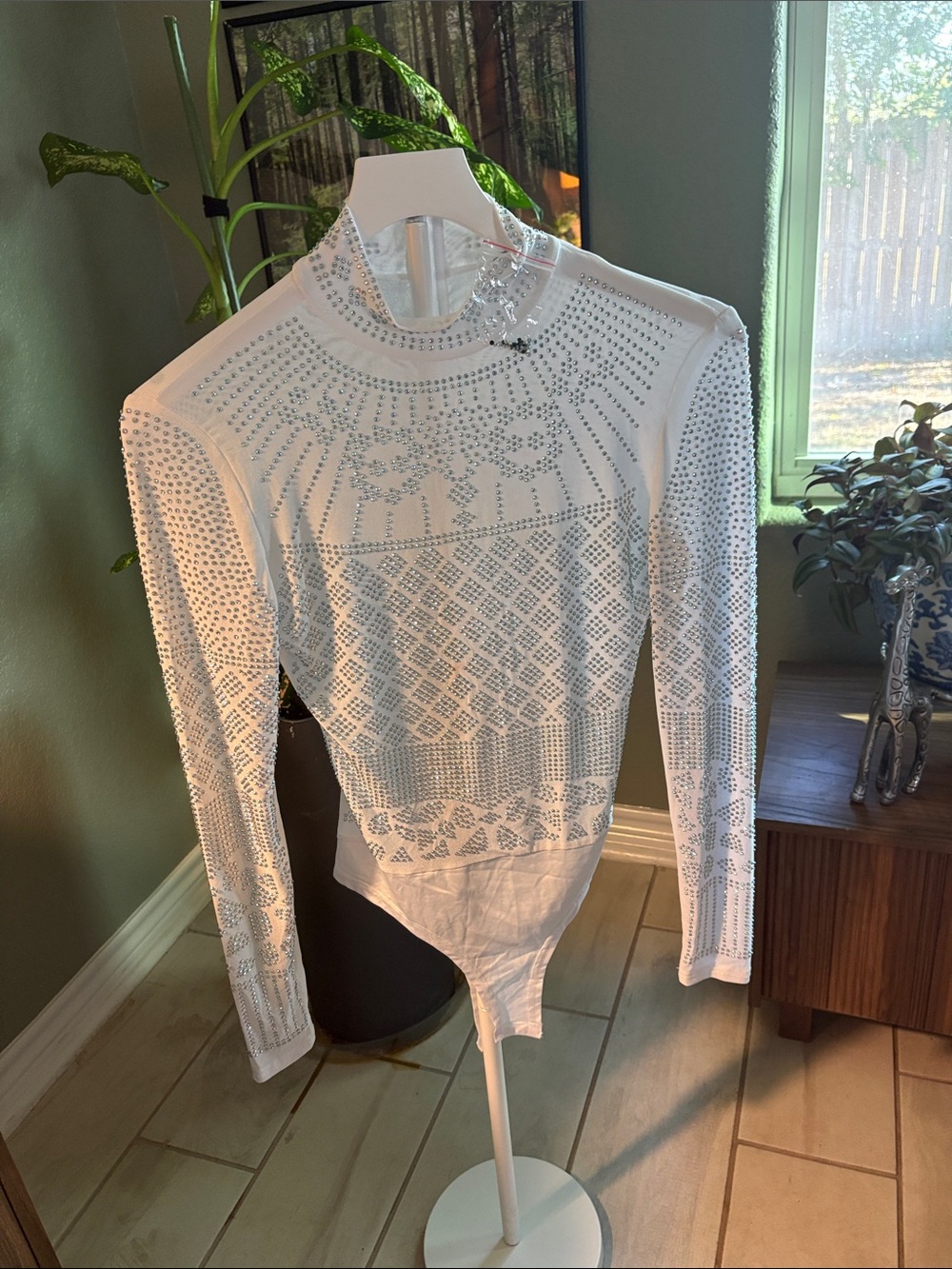 White Embellished Long-Sleeve Bodysuit